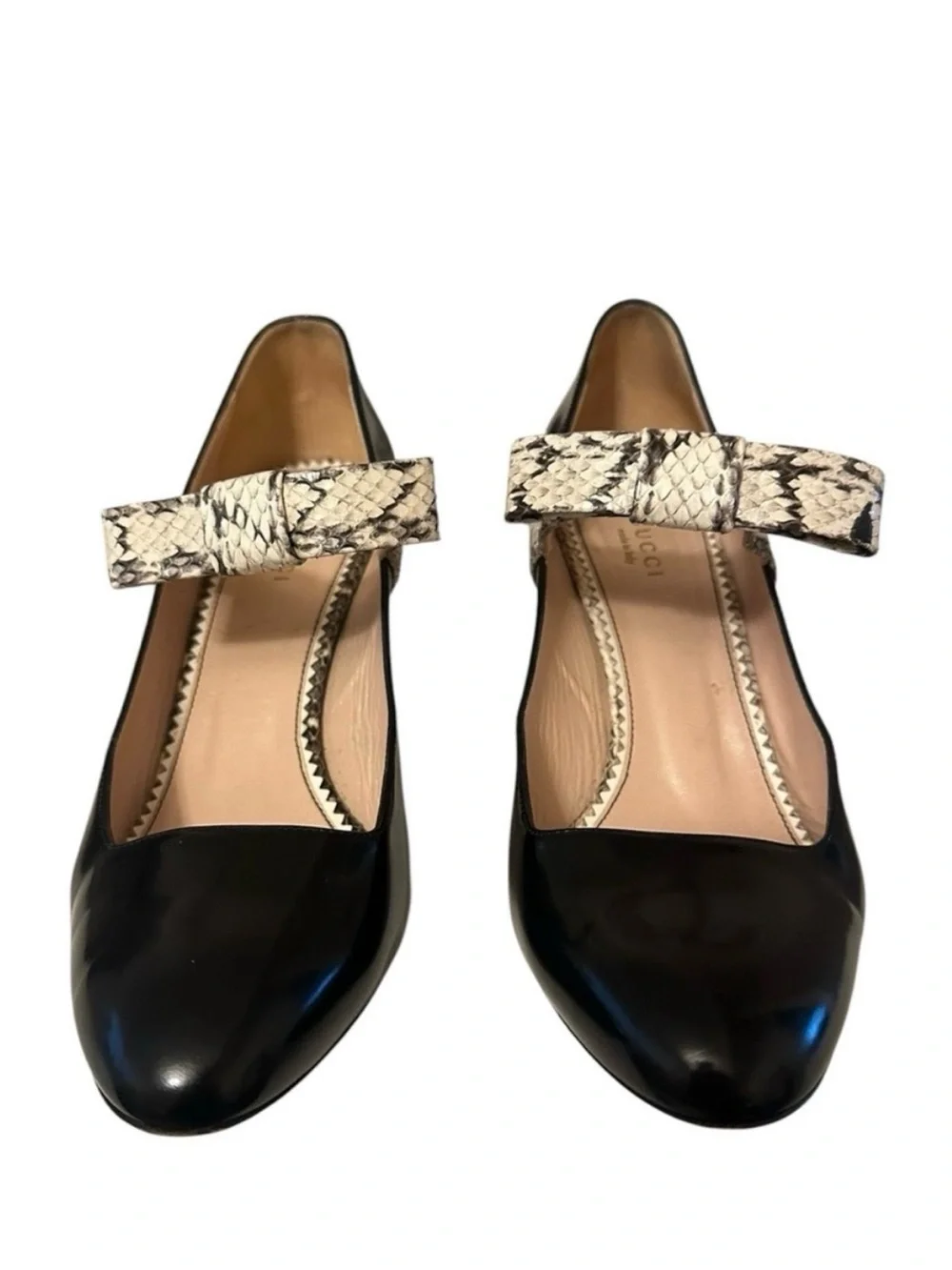 GUCCI Nimue Black Snakeskin Bow Leather Mary Jane Block Heel Pumps 38